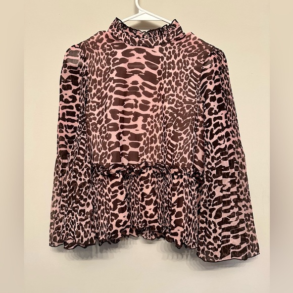NWT GANNI Pink and Brown Animal Print Blouse Size 34 (4 US) - Picture 1 of 8